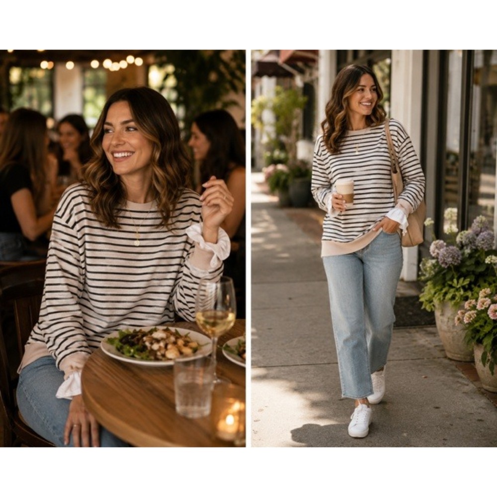 Doe & Rae Striped Layered Look Sweatshirt Tie Cuff Top Cream Black M 8032T